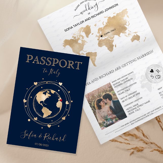 Invitation Mariage Destination Passport Gold World Map Invita (Créateur téléchargé)