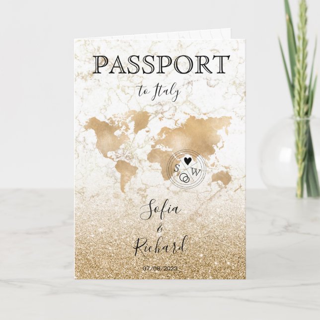 Invitation Mariage Destination Passport Gold World Map Invita (Devant)