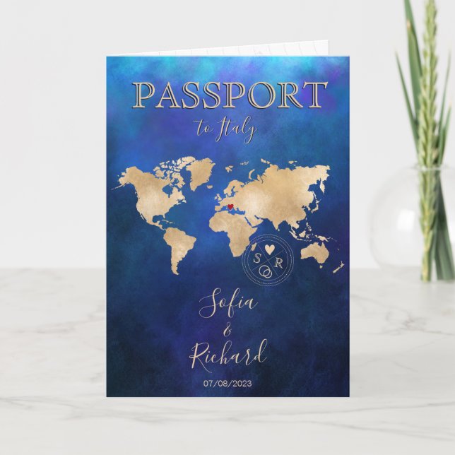 Invitation Mariage Destination Passport Gold World Map Invita (Devant)