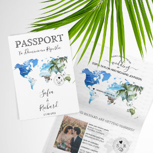Invitation Mariage Destination Passport Green World Map Palm