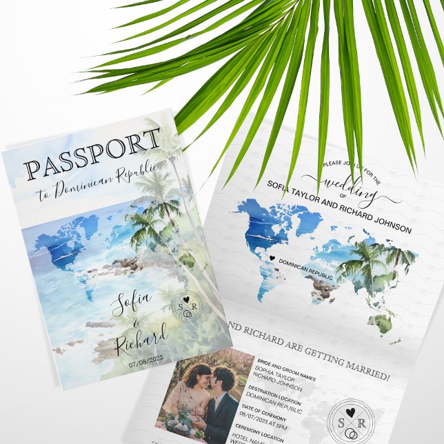 Invitation Mariage Destination Passport Green World Map Palm (Créateur téléchargé)