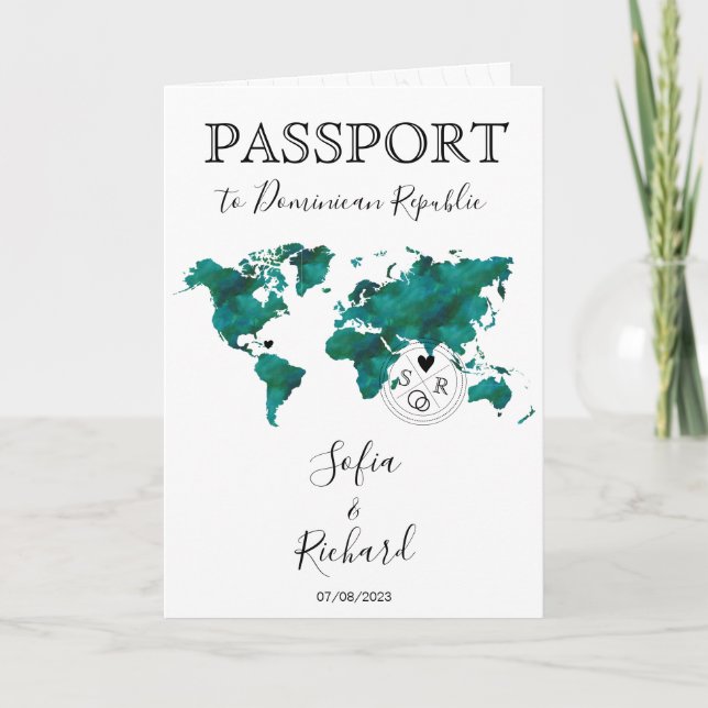 Invitation Mariage Destination Passport Green World Map Peach (Devant)