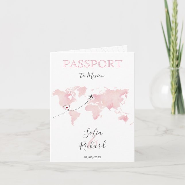 Invitation Mariage Destination Passport Pink World Map Marbre (Devant)