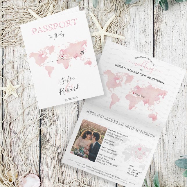 Invitation Mariage Destination Passport Pink World Map Marbre (blush pink watercolor world map)