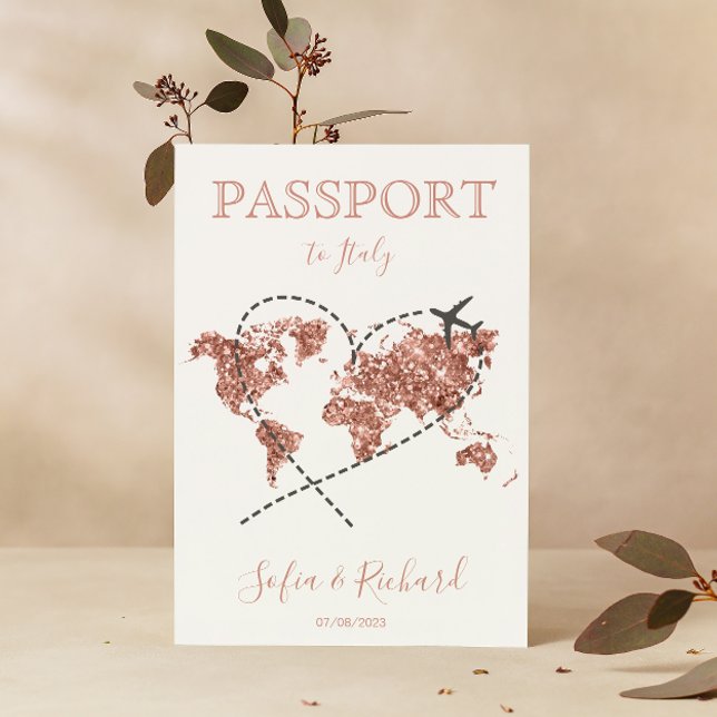 Invitation Mariage Destination Passport Rose Gold World Map (Créateur téléchargé)
