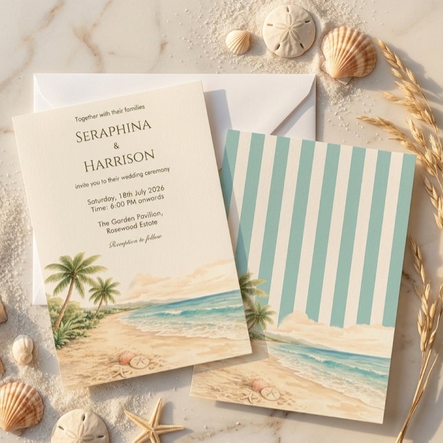 Invitation Mariage Destination Plage Moderne Rayure Bleu Clai (Créateur téléchargé)