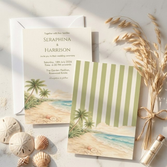 Invitation Mariage Destination Plage Moderne Rayure Vert Saug (Créateur téléchargé)