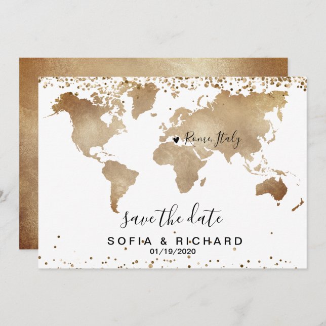 Invitation Mariage Destination World Map Gold Removable Heart (Devant / Derrière)