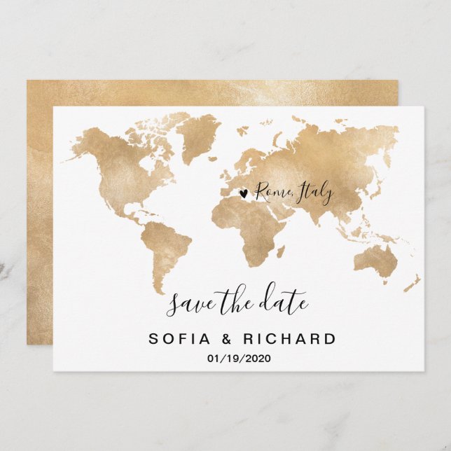 Invitation Mariage Destination World Map Gold Removable Heart (Devant / Derrière)