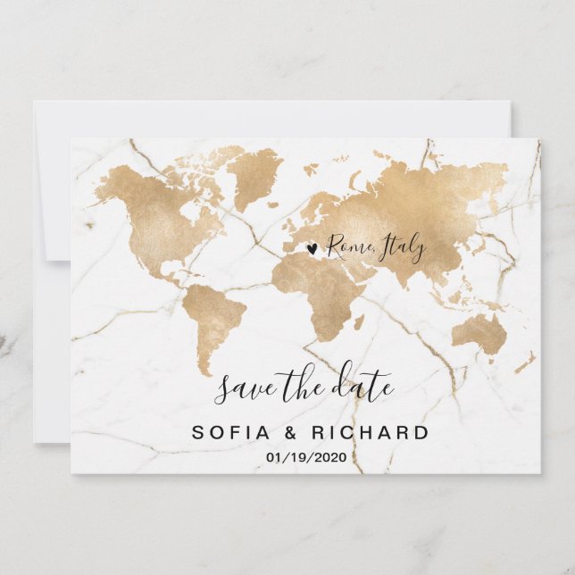 Invitation Mariage Destination World Map Gold Removable Heart (Devant)