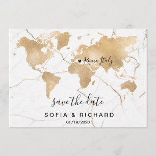 Invitation Mariage Destination World Map Gold Removable Heart