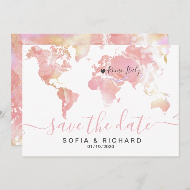 Invitation Mariage Destination World Map Pink Removable Heart (Devant / Derrière)