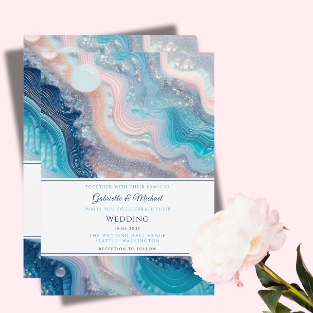 Invitation Mariage d'été à l'agate de marbre rose sarcelle (Créateur téléchargé)