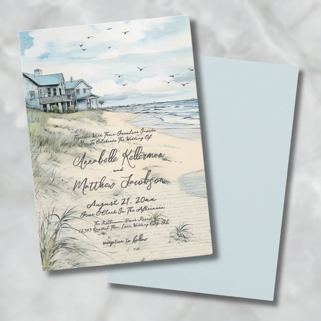 Invitation Mariage d'été à l'aquarelle sur la plage (Elegant Vintage Coastal Beach Wedding Invitation)