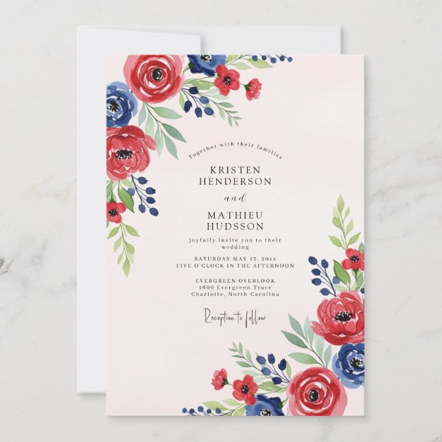 Invitation Mariage d'été aquarelle bleu marine rouge (Devant)