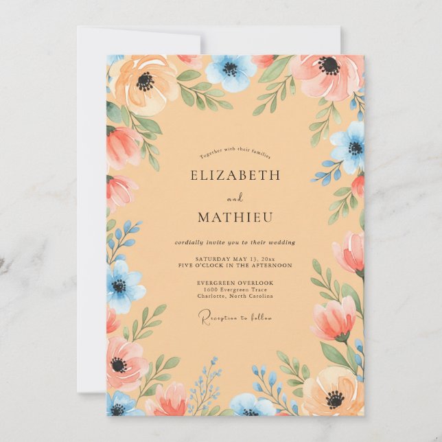 Invitation Mariage d'été aquarelle lumineux pêche (Devant)