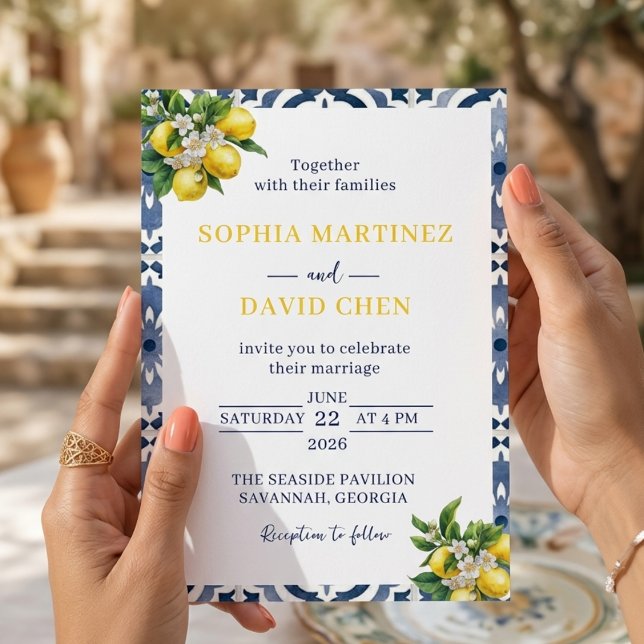 Invitation Mariage d'été aquarelle Méditerranée bleu citron (Créateur téléchargé)