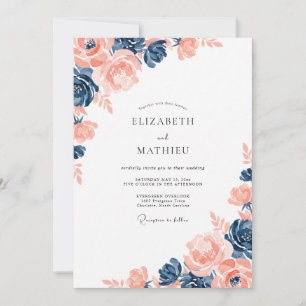 Invitation Mariage d'été aquarelle Navy Peach Lush