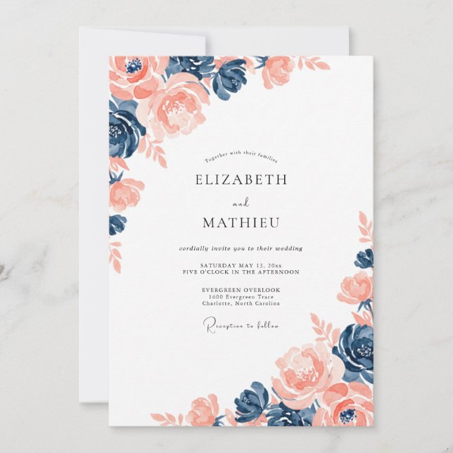 Invitation Mariage d'été aquarelle Navy Peach Lush (Devant)