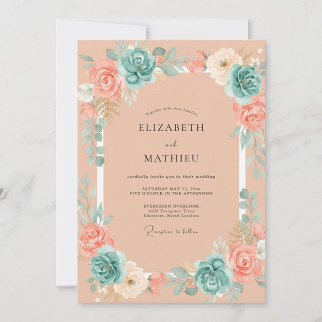 Invitation Mariage d'été aux teintes pêche et sarcelle (Devant)