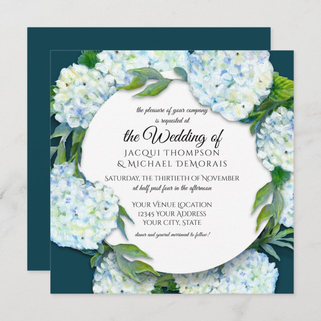 Invitation Mariage d'été Blanc Hydrangea Floral Peacock Bleu (Devant / Derrière)