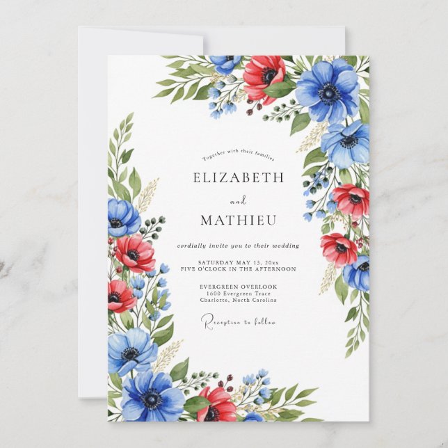 Invitation Mariage d'été bleu royal et rouge radiant (Devant)
