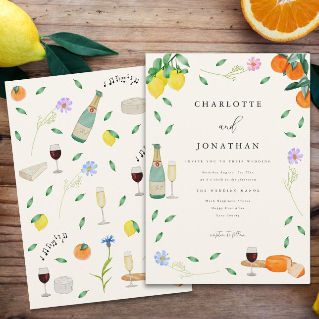 Invitation Mariage d'été Bohème Chic Citron Rustique (Boho citrus summer wedding invitation with watercolor wildflowers wine and cheese oranges & lemons)
