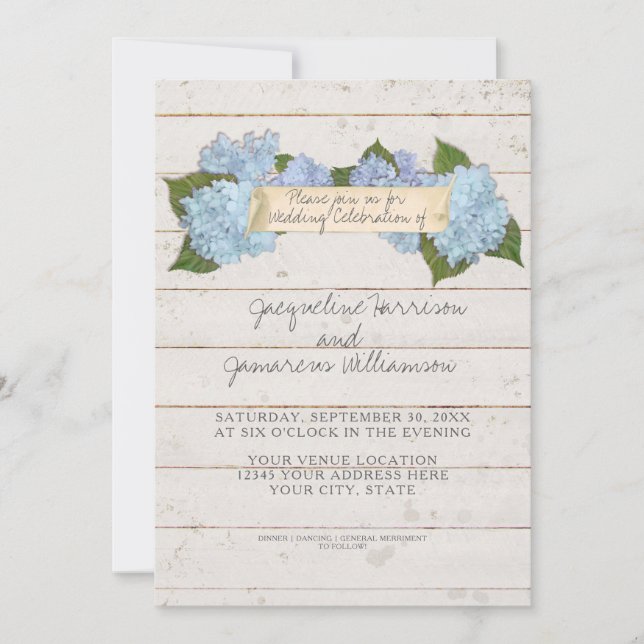 Invitation Mariage d'été BOHO Shiplap Bois de bord Hydrangea (Devant)