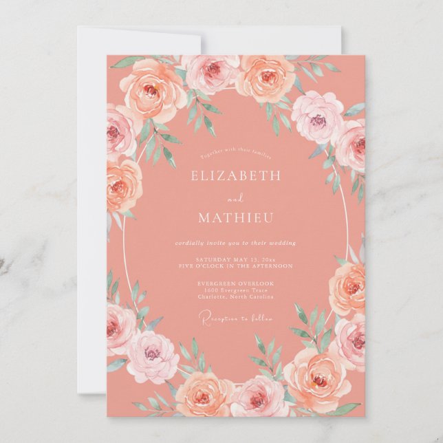 Invitation Mariage d'été botanique aux tons de pêche (Devant)