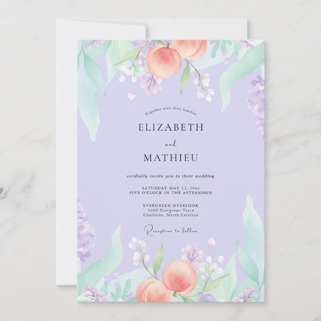 Invitation Mariage d'été dans un verger de pêches lavande (Devant)