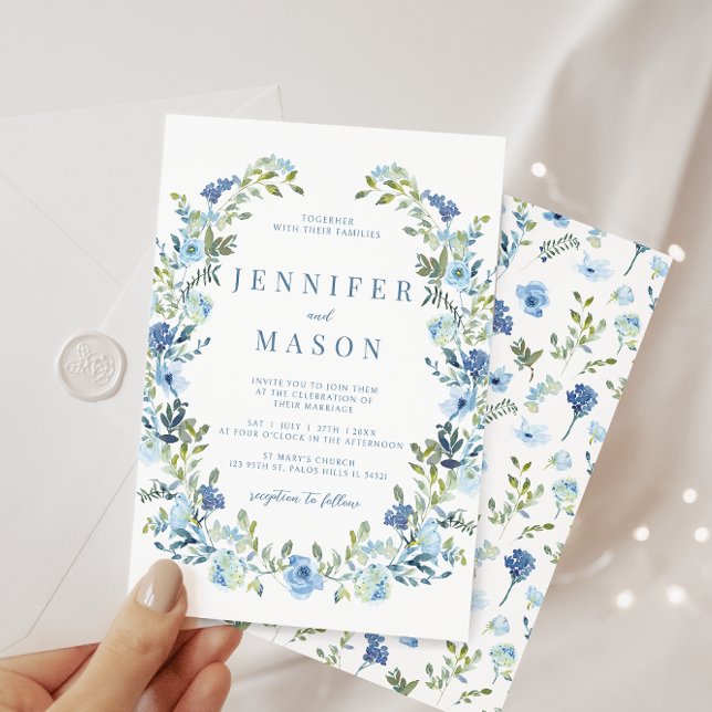 Invitation Mariage d'été de fleurs d'aquarelle bleu (Créateur téléchargé)