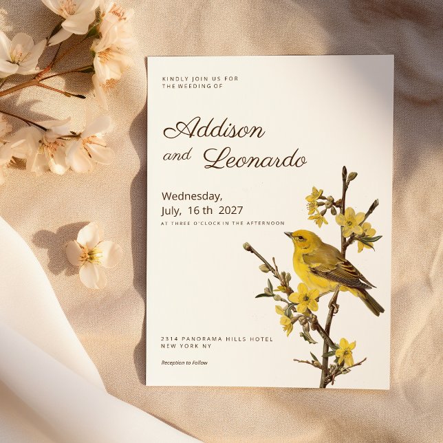 Invitation Mariage d'été de la fleur de pomme d'oiseau jaune  (Botanic yellow bird apple flower summer Wedding)