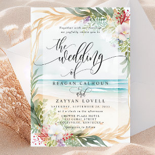 Invitation Mariage d'été de plage florale à calligraphie aqua