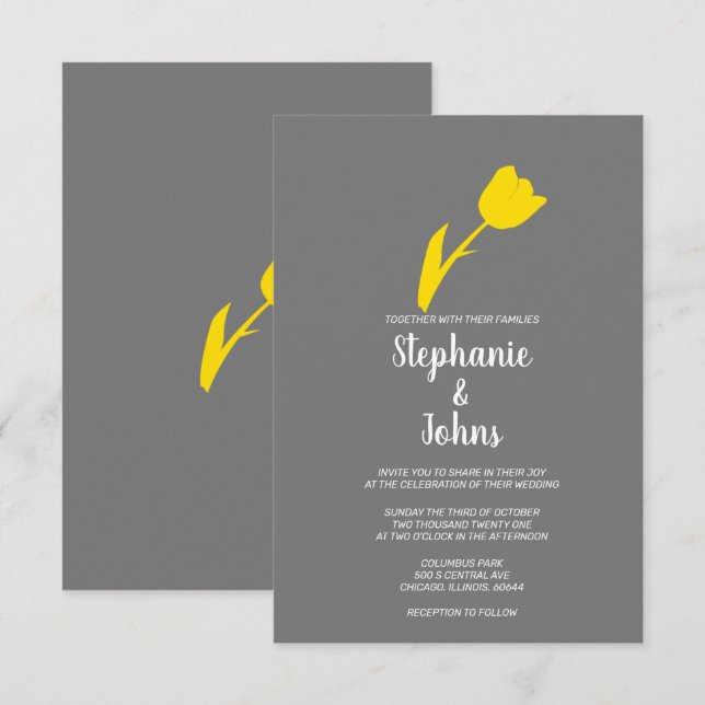 Invitation Mariage d'été de printemps gris gris jaune (Devant / Derrière)