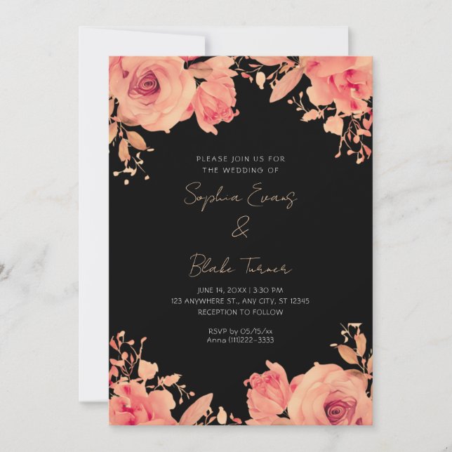Invitation Mariage d'été de roses orange romantiques noir (Devant)