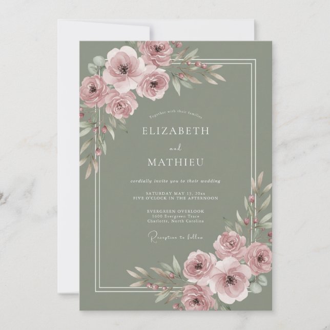 Invitation Mariage d'été délicat vert sauge (Devant)