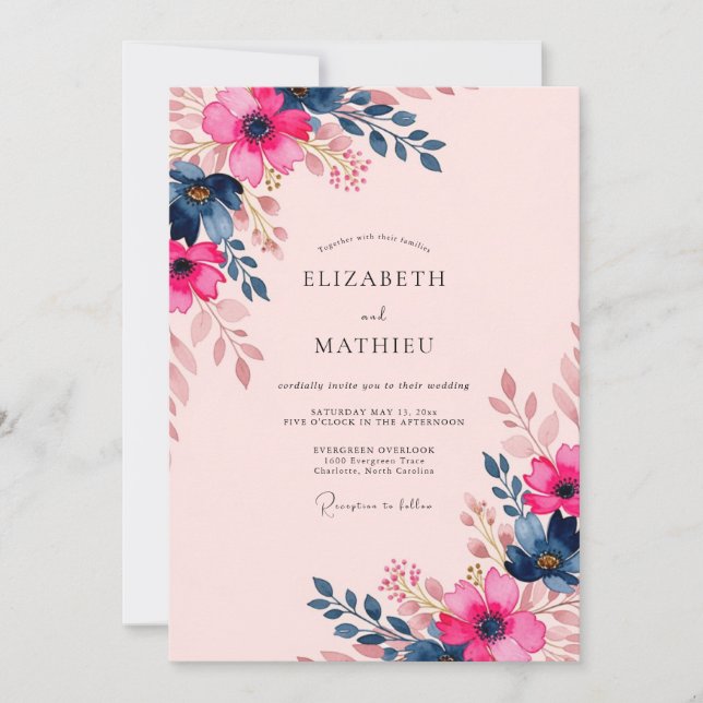 Invitation Mariage d'été délicieux Fuchsia Bleu Nuit (Devant)
