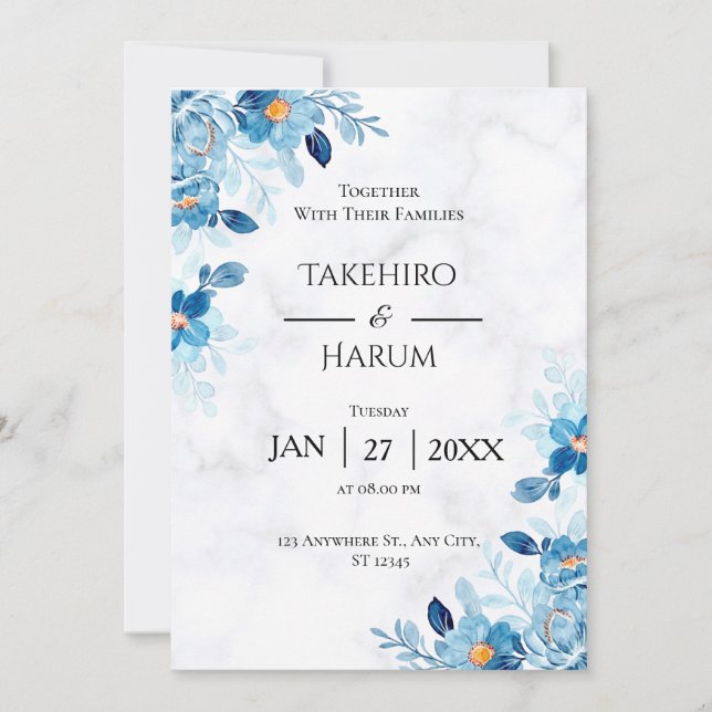 Invitation Mariage d'été élégant aux fleurs bleues (Devant)