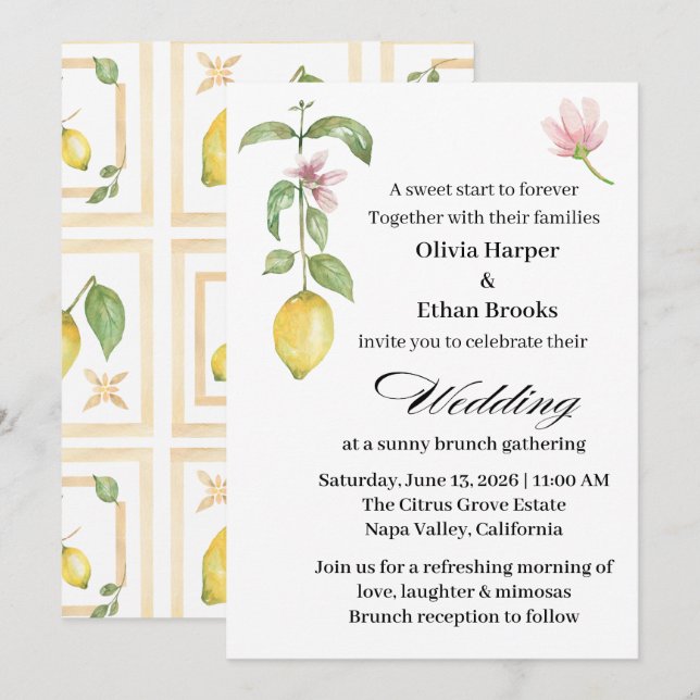 Invitation Mariage d'été élégant aux fleurs de citron et aux  (Devant / Derrière)