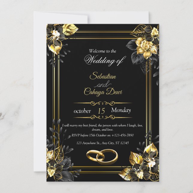 Invitation Mariage d'été élégant noir et or (Devant)