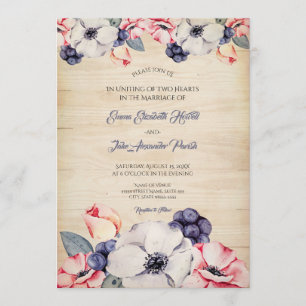 Invitation Mariage d'été en fleurs de bleuets en bois clair r