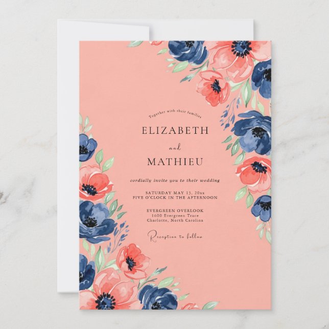 Invitation Mariage d'été enchantant bleu marine corail (Devant)