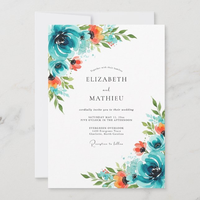 Invitation Mariage d'été énergique orange sarcelle (Devant)