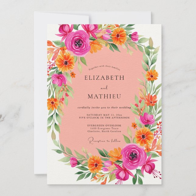 Invitation Mariage d'été énergique rose orange (Devant)