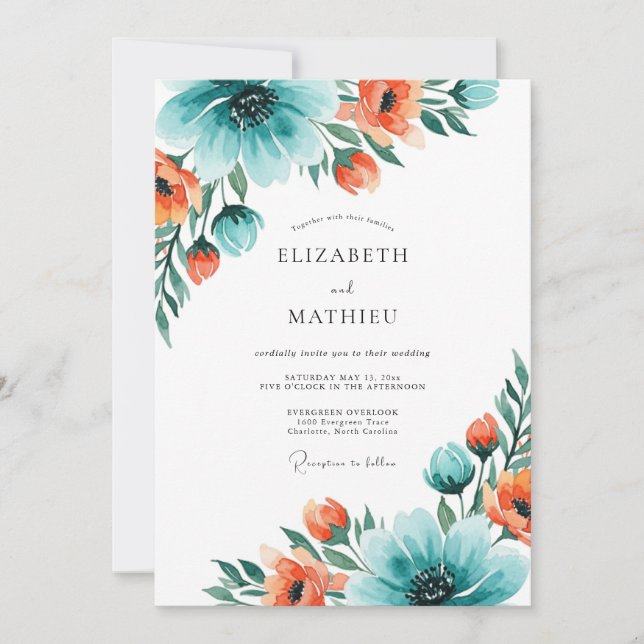 Invitation Mariage d'été envoûtant au corail sarcelle (Devant)