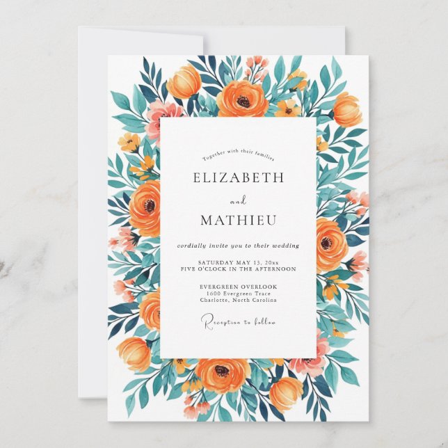 Invitation Mariage d'été euphorique sarcelle et mandarine (Devant)