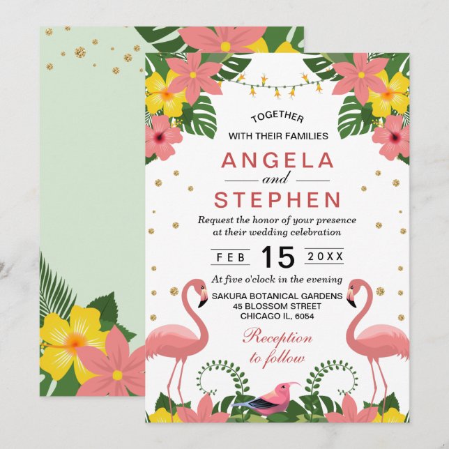 Invitation Mariage d'été flamant rose floral tropical (Devant / Derrière)