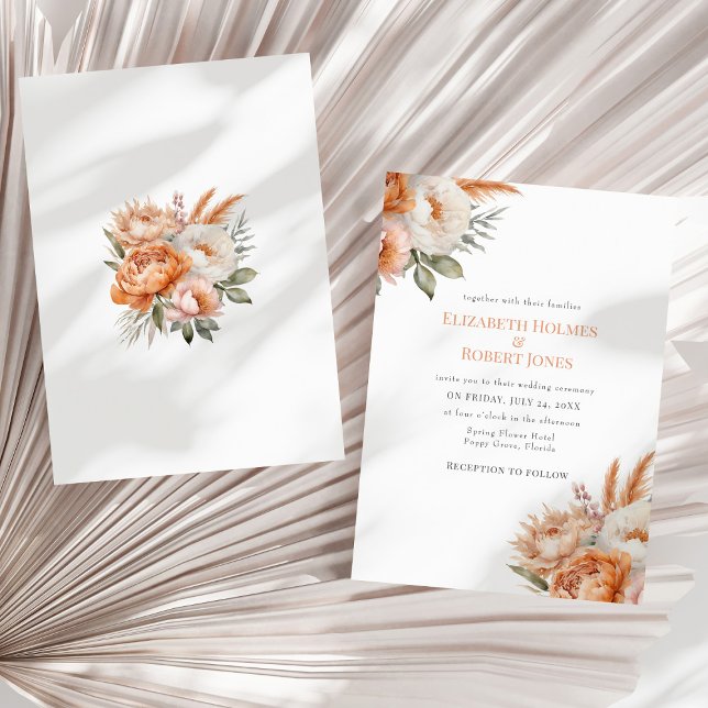 Invitation Mariage d'été Fleurs de corail bohème (Boho Coral Flowers Summer Wedding Invitation - front and back - on a neutral dry palm leaf.)