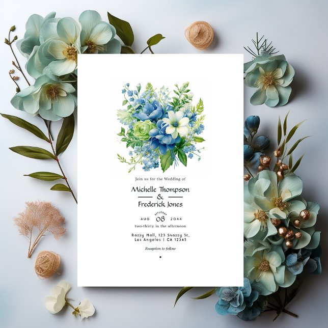 Invitation Mariage d'été Floral bleu et vert (Créateur téléchargé)