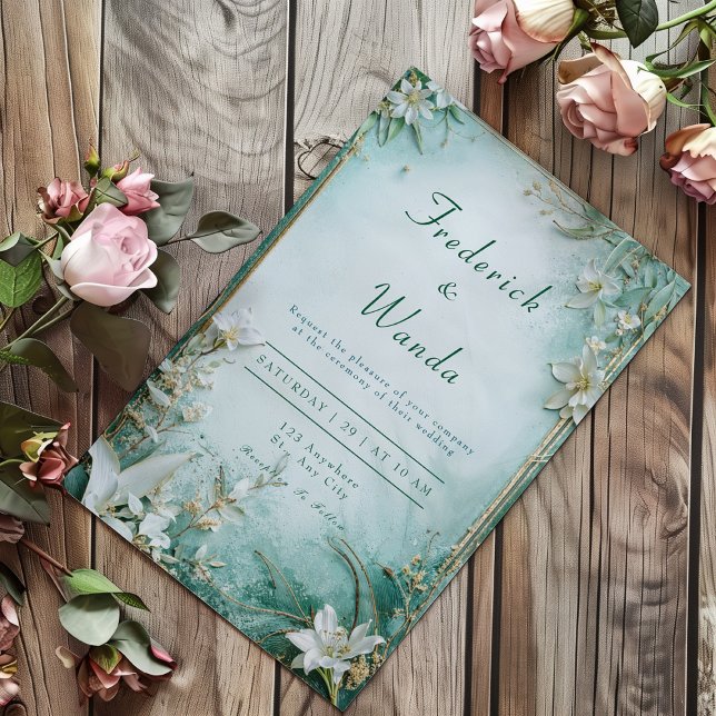 Invitation Mariage d'été floral élégant or sarcelle blanc lys (Créateur téléchargé)